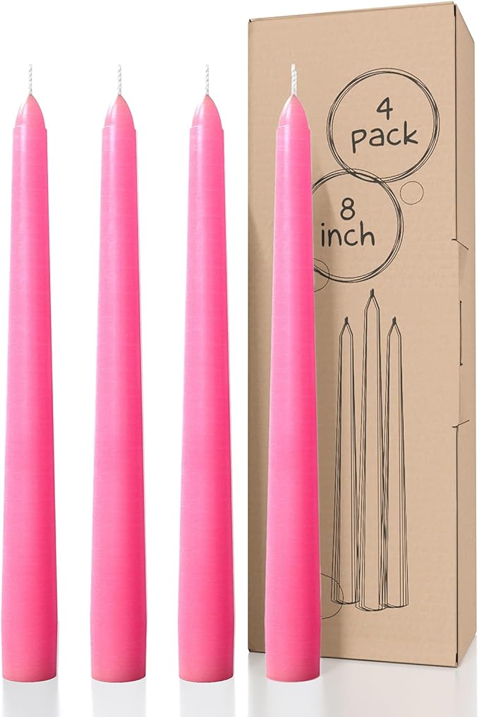 CANDWAX 8 inch Pink Taper Candles Pack of 4 - Unscented Smokeless Dripless Tall Candlesticks - Perfect as Easter Candles and for Holidays, Ordinary Dinners and Special Occasions - Pink Candle Sticks