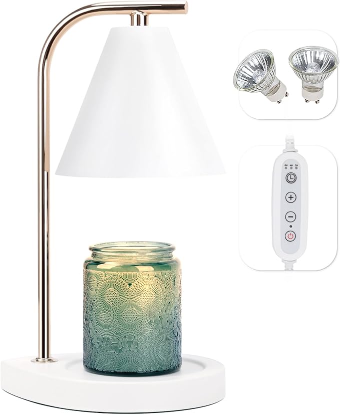 Aimoptg Candle Warmer Lamp with Timer, Dimmable Candle Lamp for Small and Large Jar Candles, Modern Candle Warmer Lamp with 2 Bulbs(White Gold)