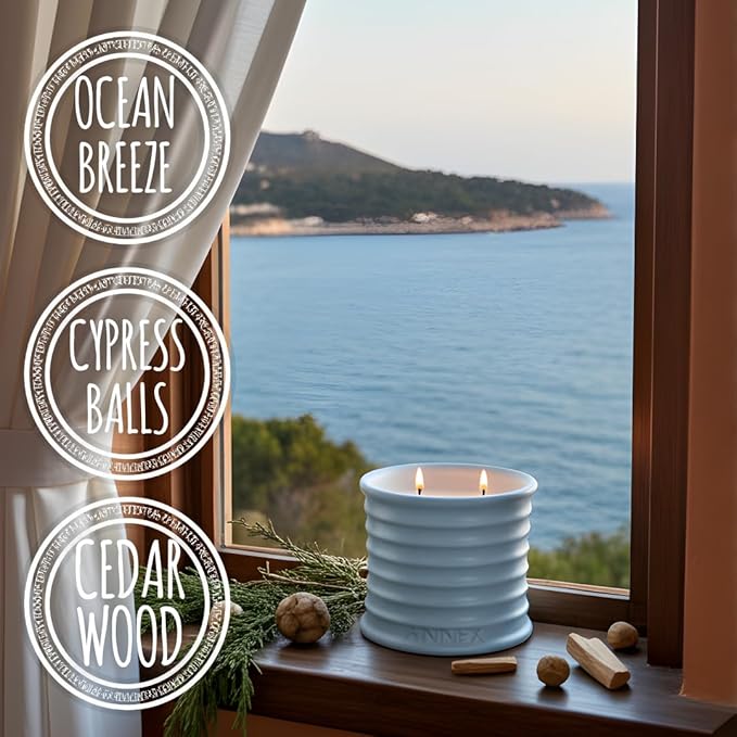 Annex Sea Breeze and Cypress Balls Luxury Scented Candle - 8oz Handmade Blue Ceramic Jar Candle, 50hr Clean Burn, 100% Non Toxic Soy Wax, Aesthetic Home Decor Gift for Men and Women - Sandalwood & Oud