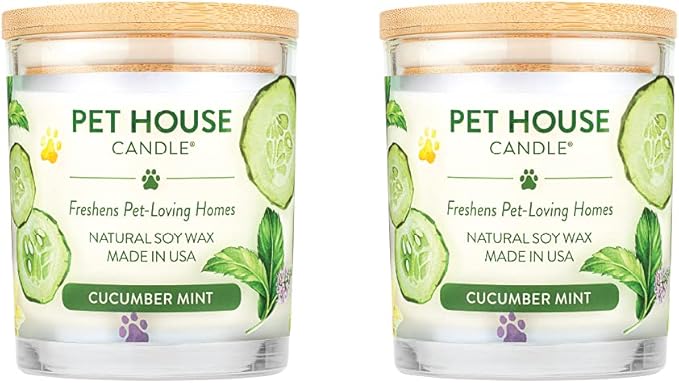 Pet House Candles, Natural Scented Candles for Pet Odors, 60 Hour Burn Time - Cucumber Mint, 9 oz, 2 Pack