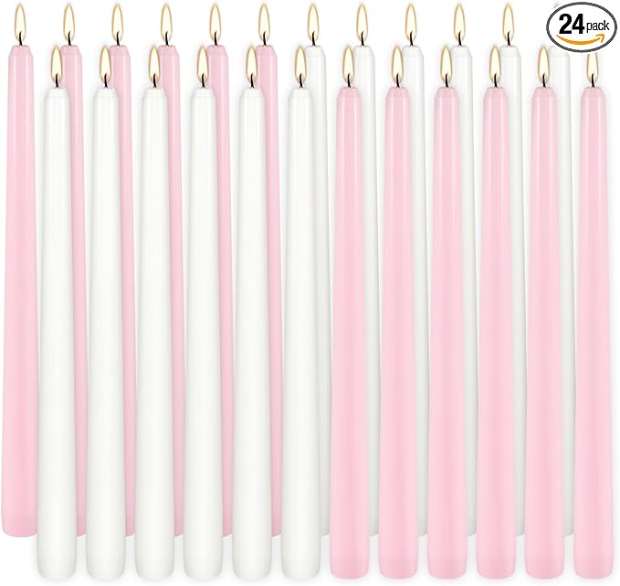 10-Inch Pink and White Taper Candles|24Pack Unscented, Smokeless,Hand-Poured CandleSticks,Perfect for Valentine’s Day, Weddings, Parties, Shabbat, Baby Shower, Birthday,Girls' Night,Home Décor