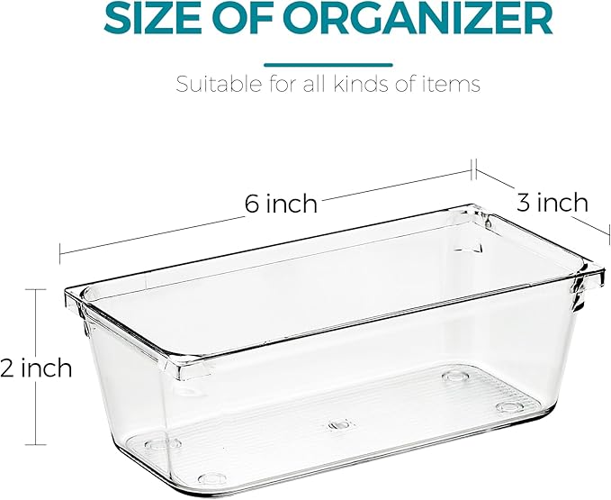8 Pack Drawer Organizer - 3" X 6" Clear Acrylic Storage Bins with Non-Slip Pads, Versatile Desk Tray for Makeup, Jewelry, Kitchen, Bathroom, and Office Organization