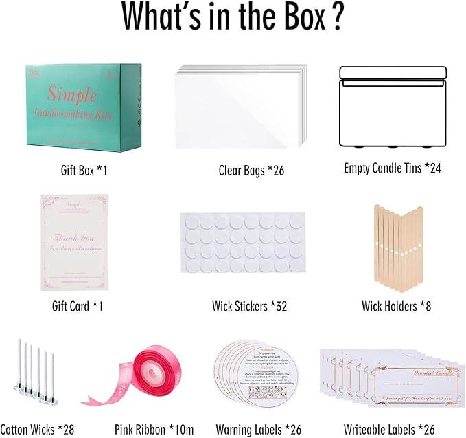 MeiGlow Empty Candle Tins for Making Candles, 24 Pack(12 Colors) 8 oz with Lids, Cotton Wicks, Wick Stickers, Holders, Labels, Pink Ribbon and Transparent Bags (8 oz)