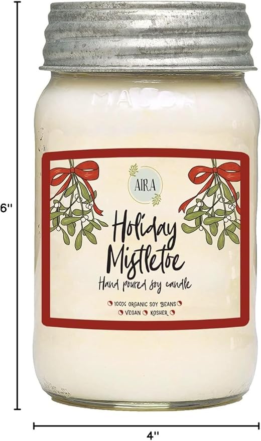 Aira Soy Candles - Organic, Kosher, Vegan, in Mason Jar w/Therapeutic Essential Oils - Hand-Poured 100% Soy Candle Wax - Paraffin Free, Burns 110+ Hours - Holiday Mistletoe Christmas Candle - 16 Oz