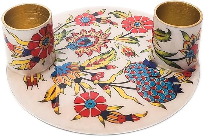 Yair Emanuel Flat Plate Candle Holders for Shabbat 4 Inch Vibrant Pattern Design Modern Judaica Gift (CSE-7 Pomegranates 2)