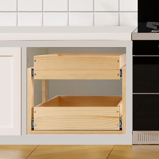 Mulush Pull Out Cabinet Organizer, 23''W×21''D×16''H Soft Close Slide Out Wood Drawer Shelves Storage for Kitchen, 2-Tier, Finished, Heavy-Duty, Bottom Assembly