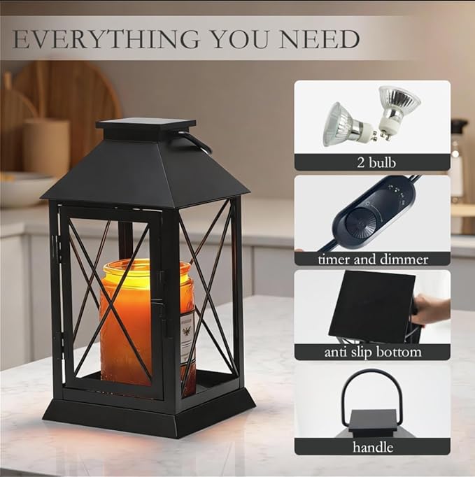 Candle Warmer Lamp with Timer,Compatible with 3 Wick Candles/Large Candel Jars,Vintage Lamp Candle Warmer Lantern,Dimmable Candle Lamp Warmer Farmhouse,Fully Enclosed Designed and Hanging Up-Black