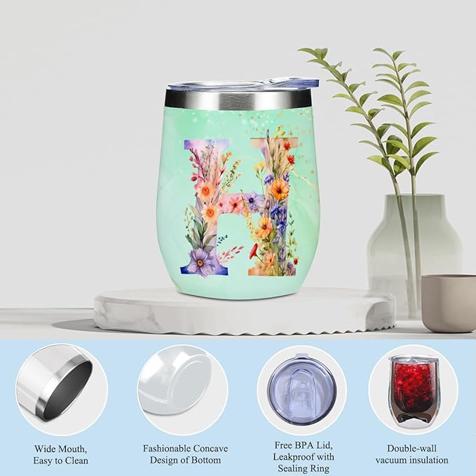 Personalized Gifts Monogrammed Birthday Gifts for Women, Bridesmaid Bachelorette Party Christmas Initial Wine Tumbler Makeup Bag Scented Candle Bracelet Set, (Aesthetic Green Flower H)