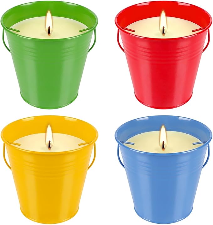4 Pack 12oz Citronella Scented Candles, Colorful Metal Bucket Candles with Handle, Smokeless Clean Burning Candles for Home, Patio, Camping & Outdoor Gatherings