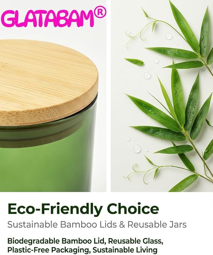GLATABAM 7 OZ Candle Jars 12 Pack - Bulk Glass Candle Making Jars with Bamboo Lids & Labels, Heat Resistant Empty Reusable Candle Vessel for Containers(Green)