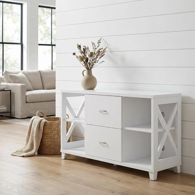 Furnifact White Deluxe 2 Drawer TV Stand, for 55-Inch TVs, Particle Board/MDF, Transitional Coastal Style, Stylish and Functional Design