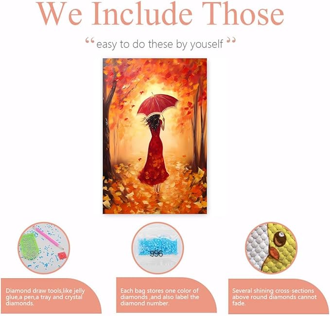 GUAIEUW 5D DIY Diamond Painting Kits for Adults - Autumn Beautiful Woman Diamond Painting, Full Round Diamond Canvas Diamond Art by Numbers Painting Kit Gift, Home Wall Decor 16x24 Inch