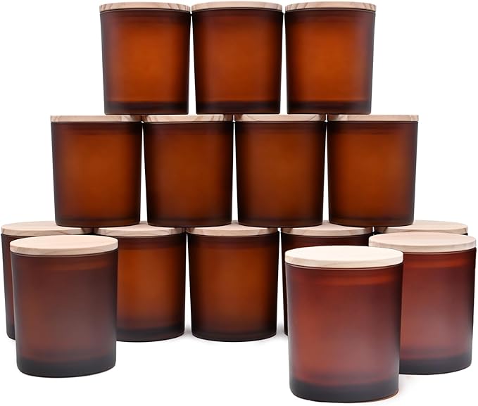 SHOWIN 10 OZ Thick Candle Jars for Making Candles 15 Pcs, Empty Jars with Wood Lids for Candle Making, Sample Container, Frosted Brown