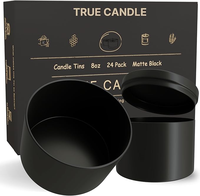 Tins for Making Candles - 24 Pack of 8 oz Black Candle Containers Bulk 8oz - Empty tins with lids for Candles - Premium Metal Jars, DIY Vessels | Painted Outside and Inside | Matte Black