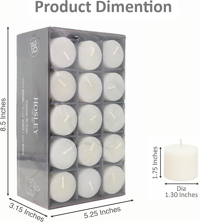 Hosley Set of 30 Unscented White Votive Candles – Bulk Pack, Clean-Burning, Long-Lasting 10-12 Hour Burn Time – Ideal for Weddings, Home Décor, Spa, and Events