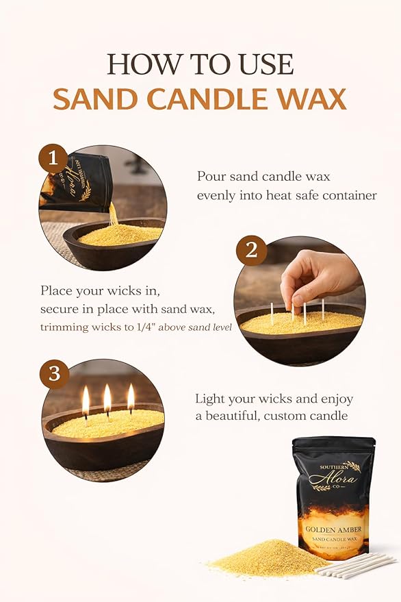 Candle Sand with 10 Wicks – 1 LB Refillable Sand Candle Wax for DIY Candles, Wedding Centerpieces, Home Decor – Golden Amber