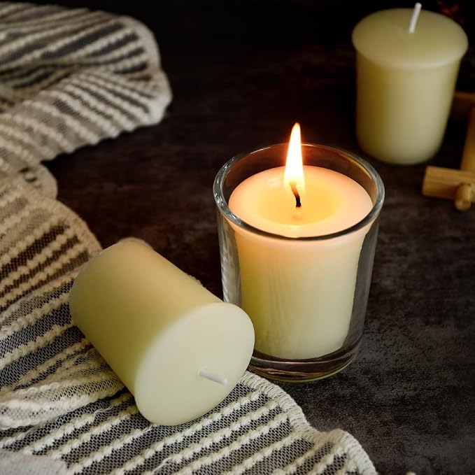 DEYBBY Ivory White Beeswax Votive Candles-6 Pack Natural Votives Set in Glass Jar for Home Room Decor Party Wedding Spa Gift,12 Hours Burn