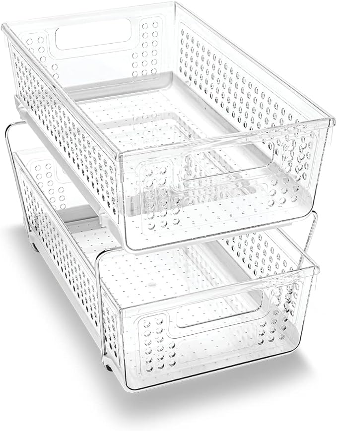 madesmart 2 Tier Organizer, Under Cabinet Storage with Pull Out Sliding Drawers, for Cleaning Supplies, Undersink Storage, Sponges, Bottles & Bath, Adjustable Dividers & Pull Out Baskets, Clear