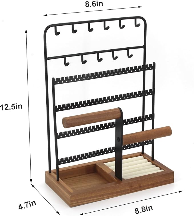 Jewelry Holder Organizer Stand 4-Tier Necklace Stand Earring Holder with Wooden Tray, Jewelry Rack for Bracelets Watches and Rings Display Stand, Gifts for Women & Girls-Black