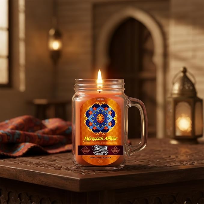Moroccan Amber Candle – Odor Eliminating, Strong Scent – Warm Amber – Long Lasting 90 Hour Burn – Large 12oz Mason Jar – Made in USA – Beamer Candle Co.