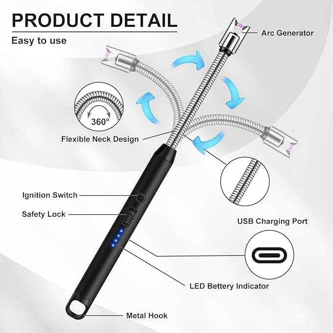 LcFun 2 Pack Candle Lighter Windproof USB C Rechargeable Electric Lighters with 360° Flexible Neck & Safety Lock, Windproof Flameless Long Lighters Matches for Candle, Grill, BBQ, Camping, Gas Stoves