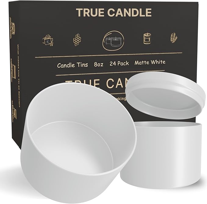 True Candle Tins for Making Candles - 24 Pack of 8 oz Black Candle Containers Bulk 8oz - Empty tins with lids for Candles - Premium Metal Jars, DIY Vessels | Painted Outside and Inside | Matte White