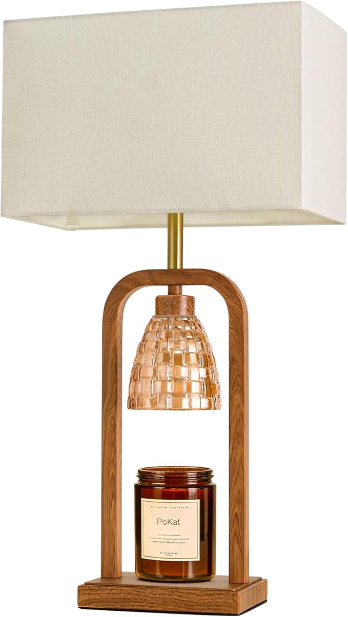 PoKat Electric Candle Warmer Lamp Farmhouse, Wood-Like Candle Lamp Warmer with Timer Dimmer, Wax Light Warmer Lamp Jar Candles, Table Lamp House Warming New Home Decor for Bed Living Room