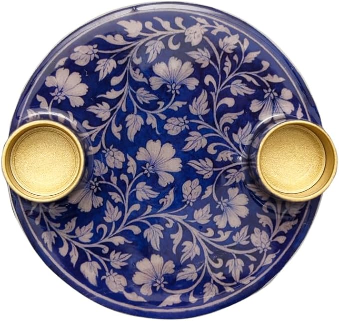 Yair Emanuel Flat Plate Candle Holders for Shabbat 4 Inch Vibrant Pattern Design Modern Judaica Gift (CSE-6 Blue Pottery)