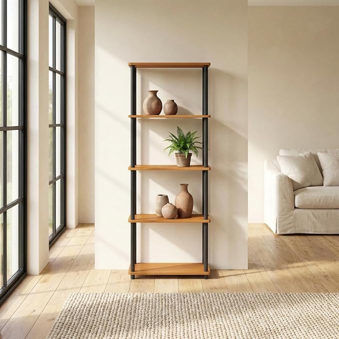 Furnifact Light Cherry Black Bookcase with Modern Design, Sturdy Wood Construction, Single Piece for Office, Living Room or Study Space