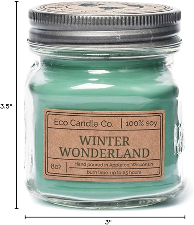 ECO CANDLE CO. Mason Jar Candle, Winter Wonderland, 8 oz. - Scents of Pine, Spruce, & Fir - 100% Soy Wax, No Lead, Kraft Label & Antiqued Pewter Lid, Hand Poured, Made from Midwest Grown Soybeans