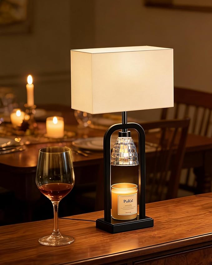 PoKat Lamp Candle Warmer Black, Farmhouse Candle Warmer Lamp with Timer Dimmer, Wax Light Warming Table Lamp for Jar Candles, Bedside Lamp for House Warming Home Decor Living Room, Bulb Included