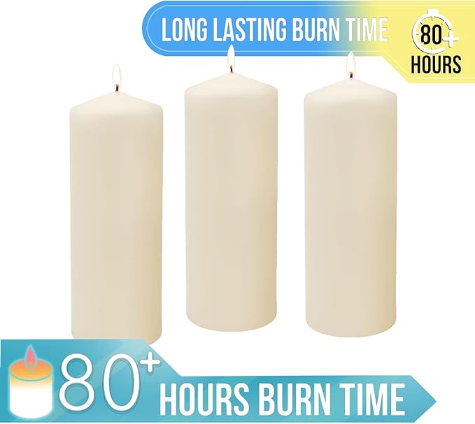 Stonebriar 3 Pack Tall 3 x 8 Inch 80 Hour Long Burning Unscented Ivory Wax Pillar Candles