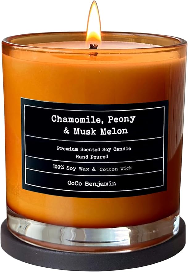 100% Natural Soy Wax Candle by CoCo Benjamin - Highly Scented & Hand-Poured Luxury Candle (Chamomile, Peony & Musk Melon) - Clean Burning Cotton Wick