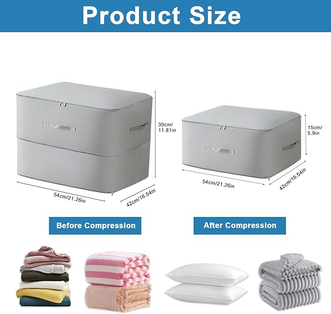 2PCS Comforter Storage Bag, 2-Layer Zipper Large Capacity Storage Bag, Ultra Space Saving Self Compression Storage Bags for Comforters, Clothes, Pillows, Duvet and Bedding Sets (Grey, Large)