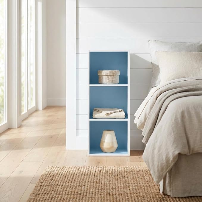 Furnifact White and Light Blue 3-Tier Open Shelf Bookcase, Modern Storage Organizer with Multiple Shelves, Durable Construction for Living Room and Office