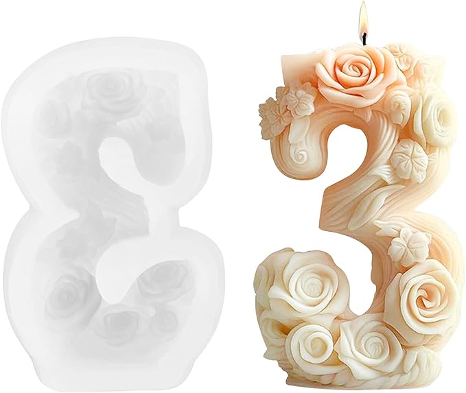 Flower Number 3 Silicone Candle Mold, Decorative Floral Number Candle Mold for Wax and Resin Crafting