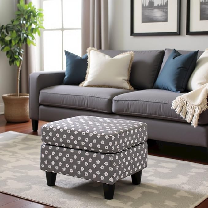 Furnifact Gray Upholstered Ottoman Foot Rest with Daisy Print and Toss Pillow – Mid Century Accent Ottoman Chair for Bedroom or Living Room Decor