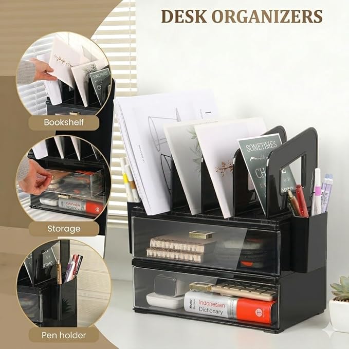 LALOBLUE Black Acrylic Desk Organizer with Drawer & File Holder, Stackable Modular Storage System, Multi-Layer Desktop Organizer, Space Saving Office Desk Organizer for Home & Work