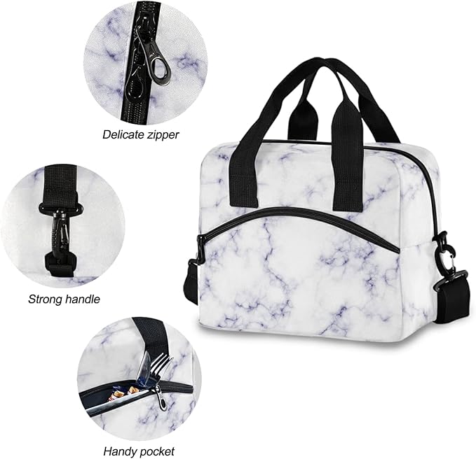 CBBYY Marble Lunch Bags for Women Men, Reusable Insulated Lunch Box, Adjustable Shoulder Straps Tote Lunch Bag for Work Picnic School