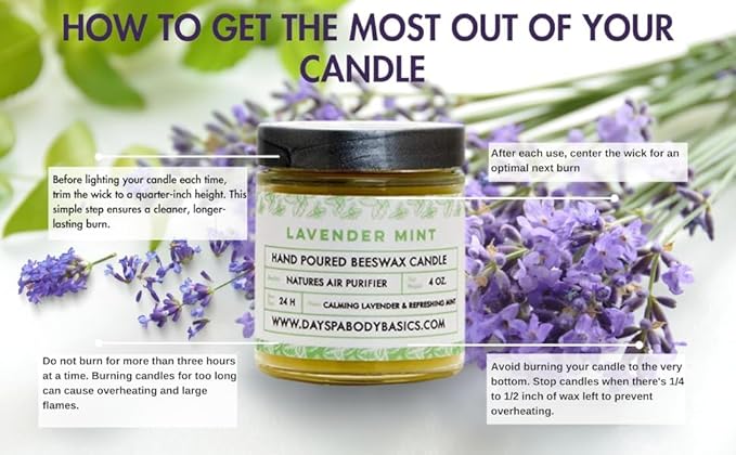 Lavender Mint Hand-Poured Beeswax Candle - All-Natural Essential Oil Scented, Cotton Braided Wick, Smokeless, Non-Toxic Handmade in USA by DAYSPA Body Basics