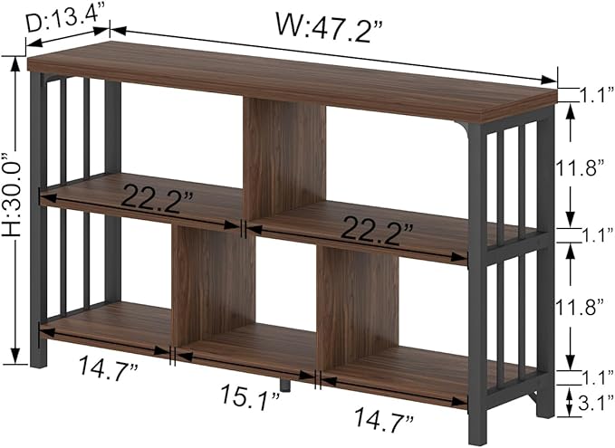 IBF Horizontal Bookshelf, Industrial 5 Cube Storage Organizer Open Shelf, Modern Wide Book Shelf for Bedroom Living Room, Rustic Wood and Metal Low Short Bookcase for Home Office, Walnut Oak, 47 Inch