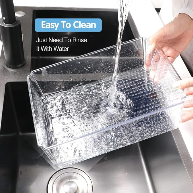 Pure Future 10-Pack Clear Fridge Organizer Containers with Lids, Stackable BPA-Free Refrigerator & Produce Storage Containers with Drain Tray & Anti-Slip Base for Fruits, Veggies & Drinks