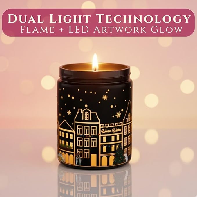 Vanilla & Strawberry Scented Candle – Dual Light Glow Jar Candle (Real Flame + Heat Activated LED), Soy Wax Blend Candle, 40-Hour Burn, Decorative Candle for Bedroom, Bathroom & Home Gift, 7oz