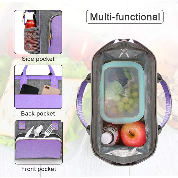 IDEATECH Insulated Lunch Bag Women, Stylish Adult Lunch Box for Working Mom, Leakproof Large Cooler Tote with Adjustable Strap & Pockets for Office Picnic Travel (Purple)