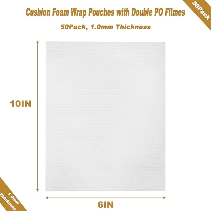 50 Pack 6''x10'' Cushion Foam Pouches, Moving Supplies for Dishes, Packing Foam for Dishes & Cups, Glass Packing Paper and Plate Protectors for Moving Fragile Items (150x250x1MM)