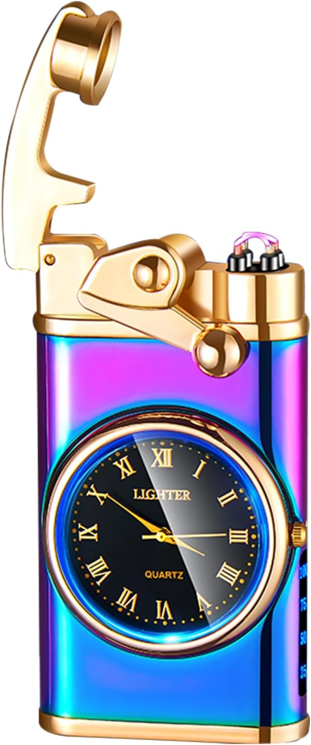 Electric Lighter USB Rechargeable Lighter, Windproof Dual Arc Plasma Lighters, Flameless Electronic Cool Lighters with LED Battery Indication for Men (Magic Clock)