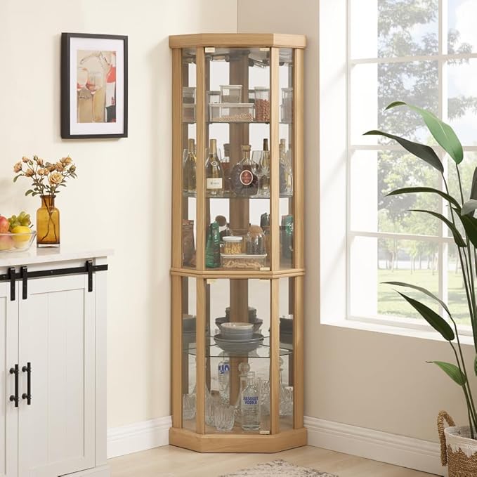 Corner Lighted Glass Curio Cabinet for Living Room Space Saving Vertical Tall Display Case with Light for Antique Wine Bar Glass Storage (Light Oak)