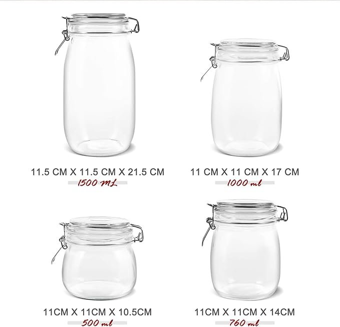 MASTERTOP 4pcs Glass Jars, Food Storage Containers Set with Airtight Lids, Canister Sets for Kitchen Counter, Cookies Sugar Coffee Nuts Spices, 15pcs Reusable Food Storage Bags, 50oz, 33oz, 26oz, 17oz
