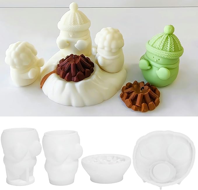 Christmas Snowman Candle Mold Set, Cozy Snowman Grilling The Fire Silicone Molds for Candles Soap Gypsum Handcraft, Sit by The Fire Resin Mold Xmas Winter Home Decor Festive Party Gift & Car Ornament