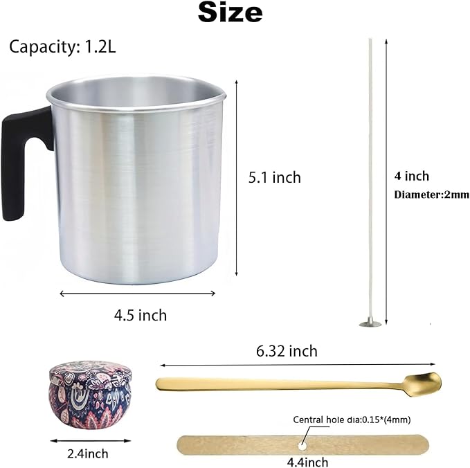 1.2L Candle Making Pouring Pot Wax Pitcher Wax Pouring Pot Candle Making Pitcher with Heat-Resistant Handle and Dripless Pouring Spout Design with Candle Jars, Wicks, Stickers and Wicks Holders